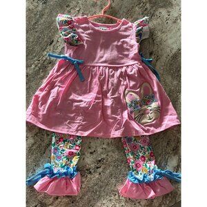 Pink Bunny Applique Girls Dress & Floral Legging Set